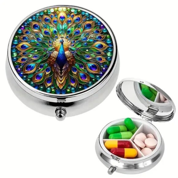 1pc. Peacock Round Pill Box - Picture 2 of 5